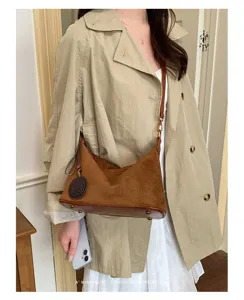 Women brown suede shoulder bag casual retro daily hobo underarm bag stylish fashion accessory