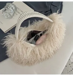 Chic herbstliche flauschige Plüsch Handtasche mit geflochtenem Griff, weiche Damentasche.