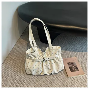 Bolso de hombro con lunares y volantes, bolso de axila blanco con pliegues y hebilla elegante.