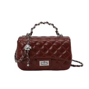 Borsa a tracolla trapuntata in pelle PU bordeaux con catena da donna, elegante borsetta.