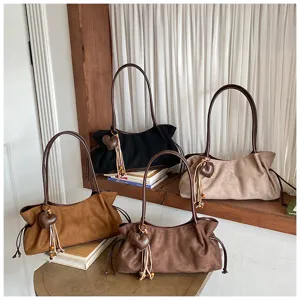 Retro women shoulder bag PU leather suede underarm tote bag casual fashion solid color handbag.