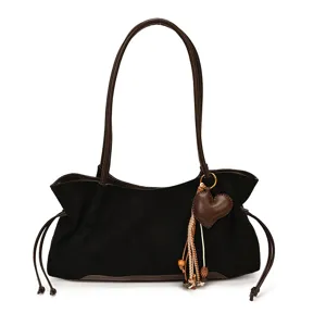 Retro Women Black Underarm Shoulder Bag with Brown Leather Trim and Heart Tassel Charm