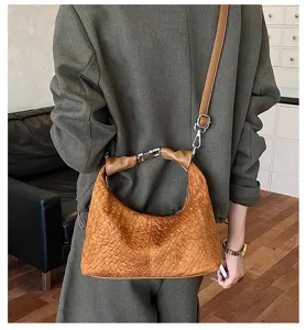 Bolso de hombro de cuero trenzado marrón, elegante bolso casual para mujer de uso diario.