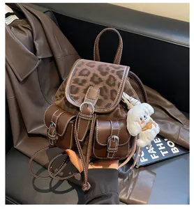 Mochila vintage coreana con estampado de leopardo, elegante bolsa de viaje para mujer.