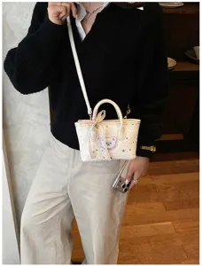 Women small tote bag star print crossbody bag cute bear patch casual daily handbag