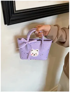 Purple mini tote handbag for women, cute bear patch and bow, casual PU leather phone bag.