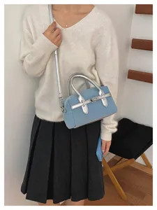 Korean vintage denim shoulder bag for women, stylish silver metallic hardware crossbody design.