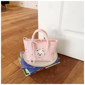 Cute pink tote bag with bear patch star print and bow ribbon for daily casual fashion use.