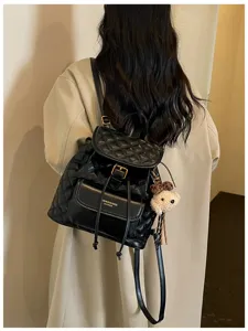 Women fashion black quilted leather backpack casual retro travel school book bag daily commuting