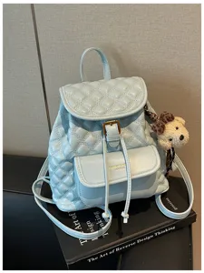 Light blue quilted leather backpack with flap pocket cute bear charm daily casual school bag