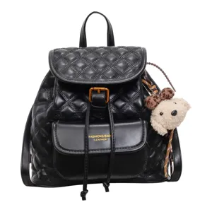 Black quilted leather backpack with front pocket, drawstring closure and cute bear pendant.