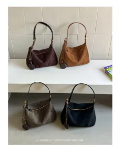Minimalist retro suede shoulder bag for women, casual autumn daily underarm hobo handbag.