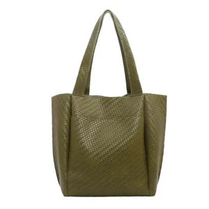 Olive green woven tote bag for women, large capacity casual daily commute shoulder bag.