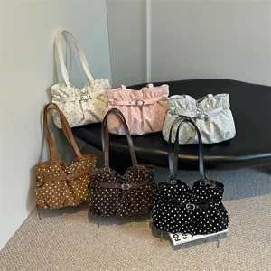 Bolso de hombro elegante con lunares y volantes para mujer, gran capacidad casual.