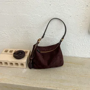Women Suede Shoulder Bag Retro Underarm Hobo Bag Casual Stitching Suede Fabric Tote Bag With Woven Charm Zipper Closure Purse