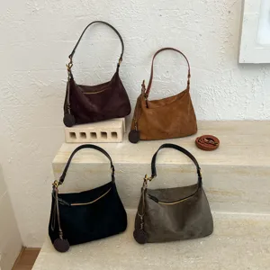 Women suede hobo shoulder bag casual autumn chic underarm handbag with vintage strap.