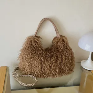 Trendige Damen Plüsch Schultertasche Einfarbig Lässige Handtasche Umhängetasche Mit Reißverschluss Weiche Flauschige Pendlertasche