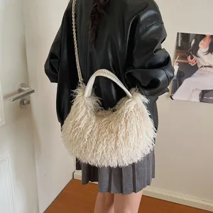 Modische herbstliche flauschige zottelige schultertasche damen casual hobo handtasche
