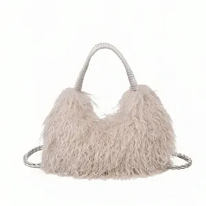 Modische flauschige Handtasche für Damen, lässige Umhängetasche mit geflochtenem Griff.
