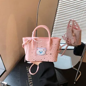 Women's Star Print Mini Crossbody Bag Cute Bear Ribbon Bow Handbag Sweet PU Leather Small Shoulder Bag Casual Phone Bag