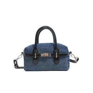 Denim shoulder bag, vintage Korean design top handle messenger bag with lock hardware.