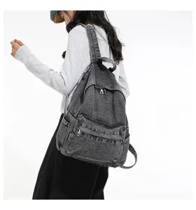 Vintage gewassen zwarte denim rugzak voor dames, grote capaciteit casual canvas schooltas dagelijks.