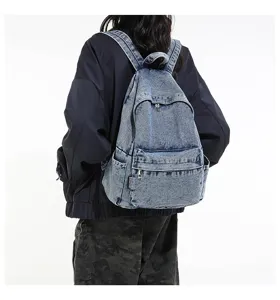 Vintage denim rugzak voor dames, grote capaciteit casual schooltas met handige vakken.