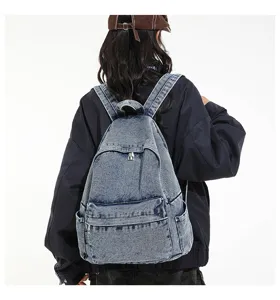 Vintage denim rugzak met grote capaciteit voor dames, casual schooltas en dagrugzak.