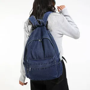 Vintage grote capaciteit denim rugzak voor dames, casual schoolboekentas met groot vak.