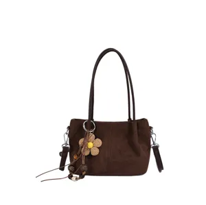 Korean style brown suede women shoulder bag large capacity casual crossbody bag with flower pendant