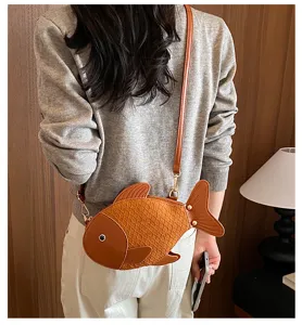 Detailed view of a cute fish-shaped crossbody bag in brown PU leather, perfect daily novelty style.