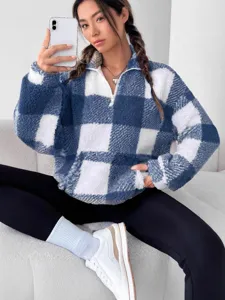 Women casual blue and white plaid fleece pullover half zip sweatshirt winter warm top