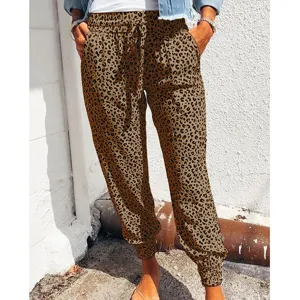 Women casual leopard print loose jogger pants with elastic drawstring high waist design.