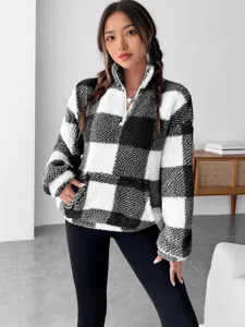 Women's Black White Plaid Fleece Pullover 1/4 Zip Winter Sherpa Sweatshirt Main Image