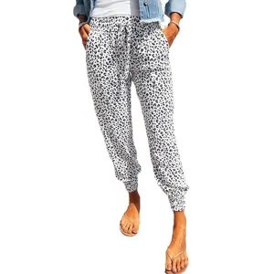 Women leopard print casual joggers high waist drawstring loose sweatpants trousers