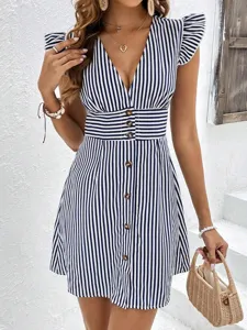 Women summer blue white striped v-neck ruffle sleeve short dress with front buttons