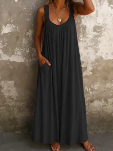 Casual women spaghetti strap U neck gathered maxi dress featuring side pockets dark grey.