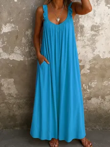 Casual sling U-neck gathered maxi dress for women, sleeveless summer long dress with pockets.