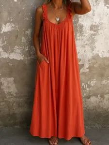 Orange maxi dress sleeveless ruffle strap summer casual long dress with pockets for women