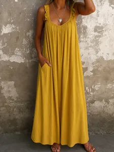 Casual sleeveless spaghetti strap maxi dress with U-neck, ruffles, and pockets for women.