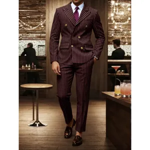 Men's Business Suit Set Double Breasted Pinstripe Blazer and Trousers Formal Wedding Party Top And Bottom