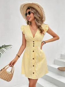 Women summer elegant yellow striped V-neck ruffle sleeve casual button midi dress for beach