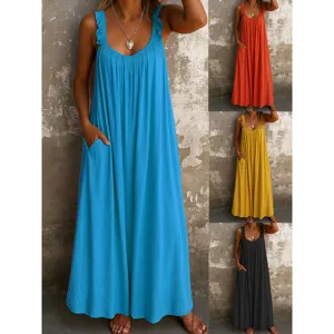 Women Casual Solid Color U-Neck Sleeveless Pleated Long Dress Loose Fit Slip Dress Vacation Daily Wear Fashion Apparel