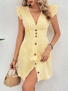 Detailed look at the yellow and white striped v-neck mini dress with ruffle sleeves detail