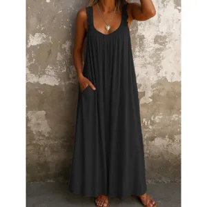 Women casual solid color U-neck sleeveless strap long dress with ruffles and side pockets.