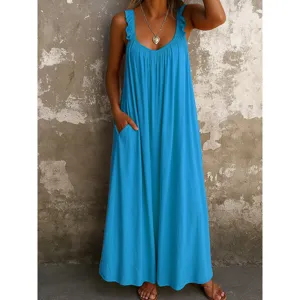 Casual sleeveless U-neck maxi dress with ruffles and pockets for women stylish summer wear.