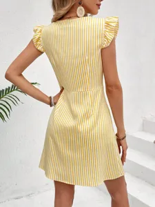 Close-up detail of the chic yellow and white striped V-neck flutter sleeve mini dress.