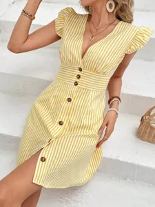 Women Yellow White Striped V-Neck Short Sleeve Ruffle Dress Summer Casual Beach Midi