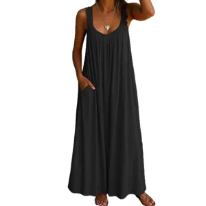 Casual sleeveless scoop neck maxi dress featuring delicate ruffles and handy pockets for women.