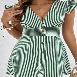 Green white striped V-neck dress cap sleeve summer casual dress for women clothing